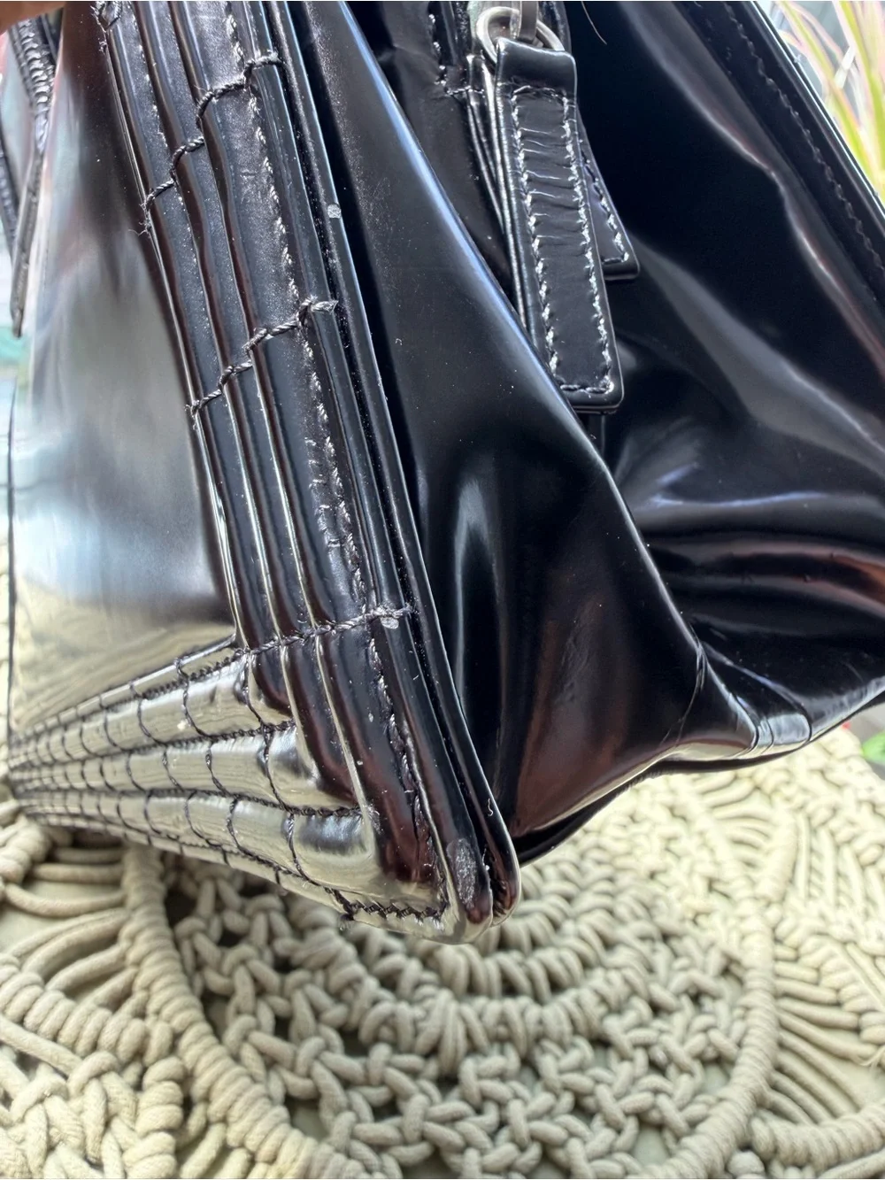 CHANEL Black Patent Satchel with Silver-Tone Chain